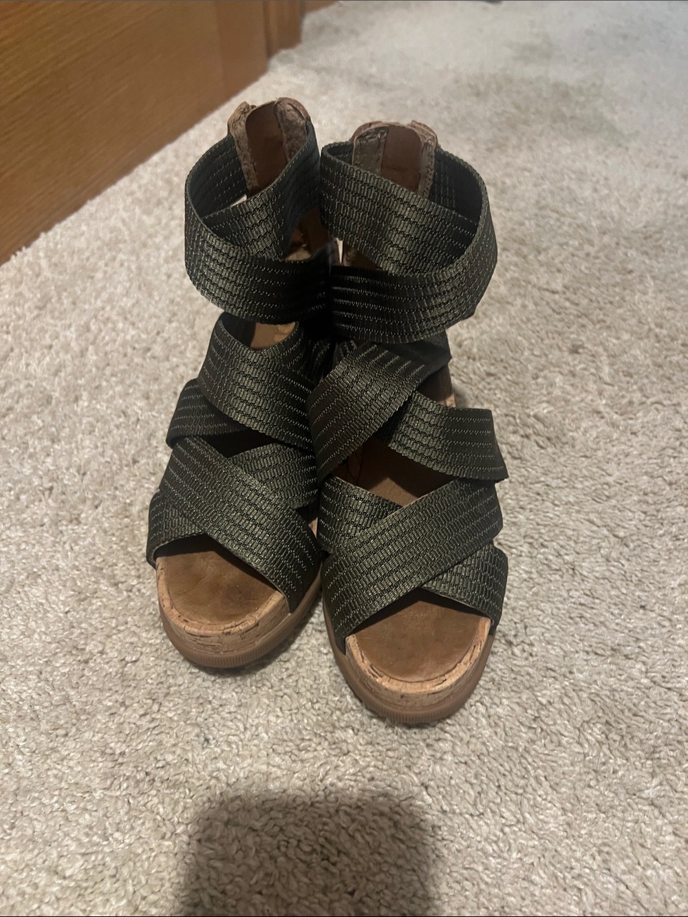 Sorel Olive Green Elastic Strappy Wedge Sandals